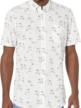 Men's White Short-Sleeve Button-Down Shirt with Palm Print